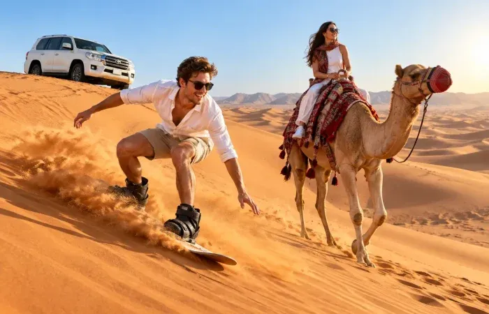 Morning Desert Safari Dubai with 20 Min Camel Ride Sandboarding